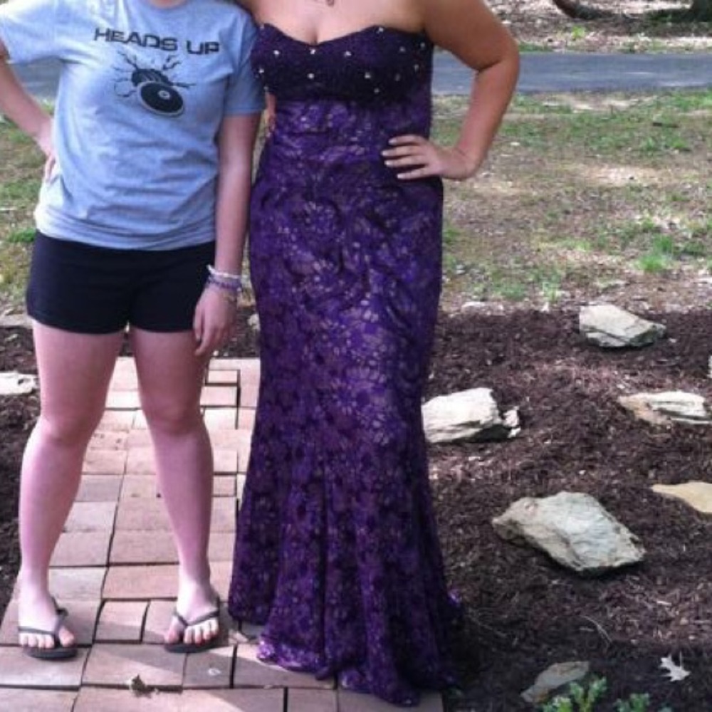 Purple beaded and lace prom dress